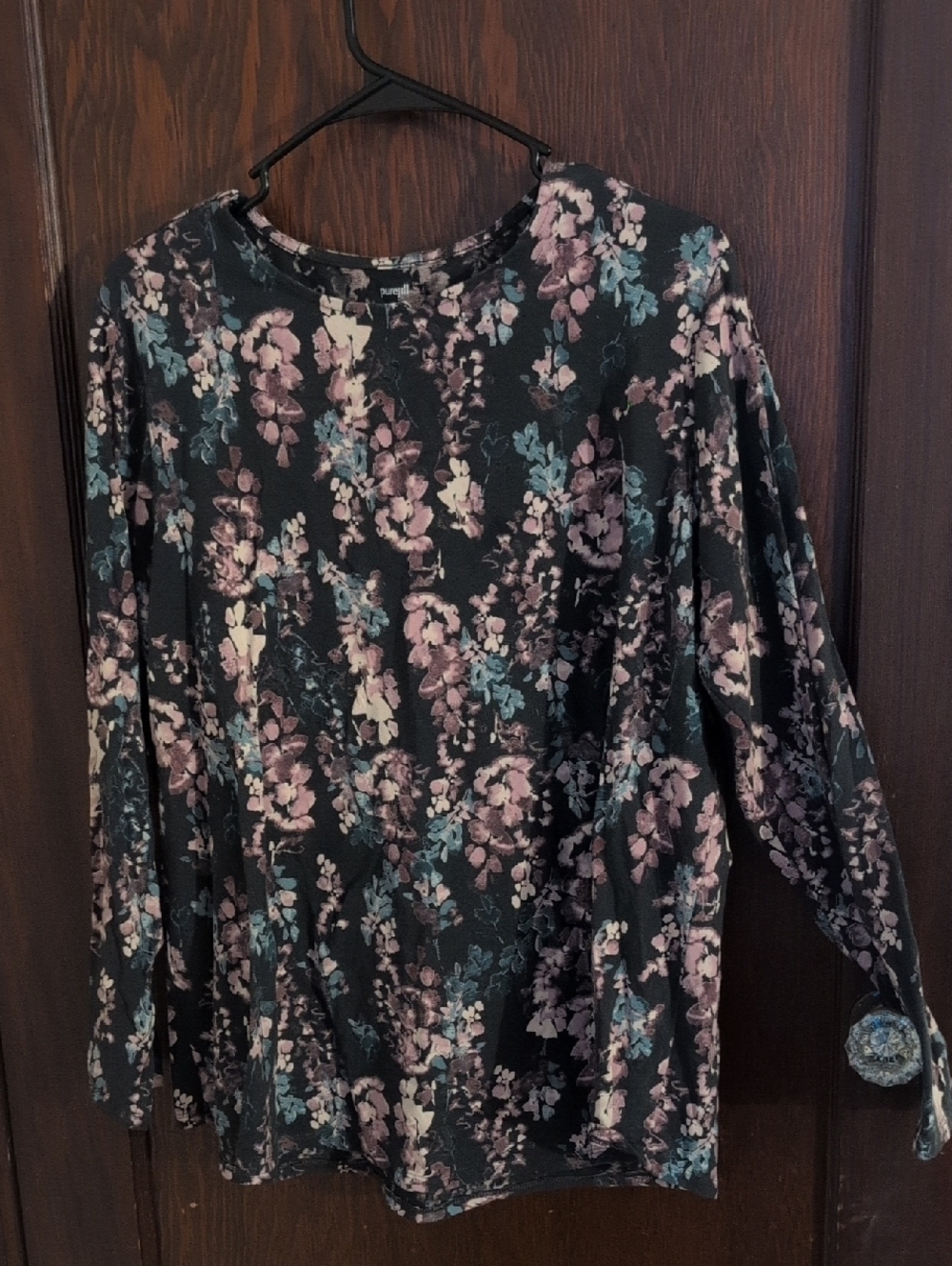 J. Jill Black Floral Long Sleeve Crewneck Top with Pink and Teal Accents